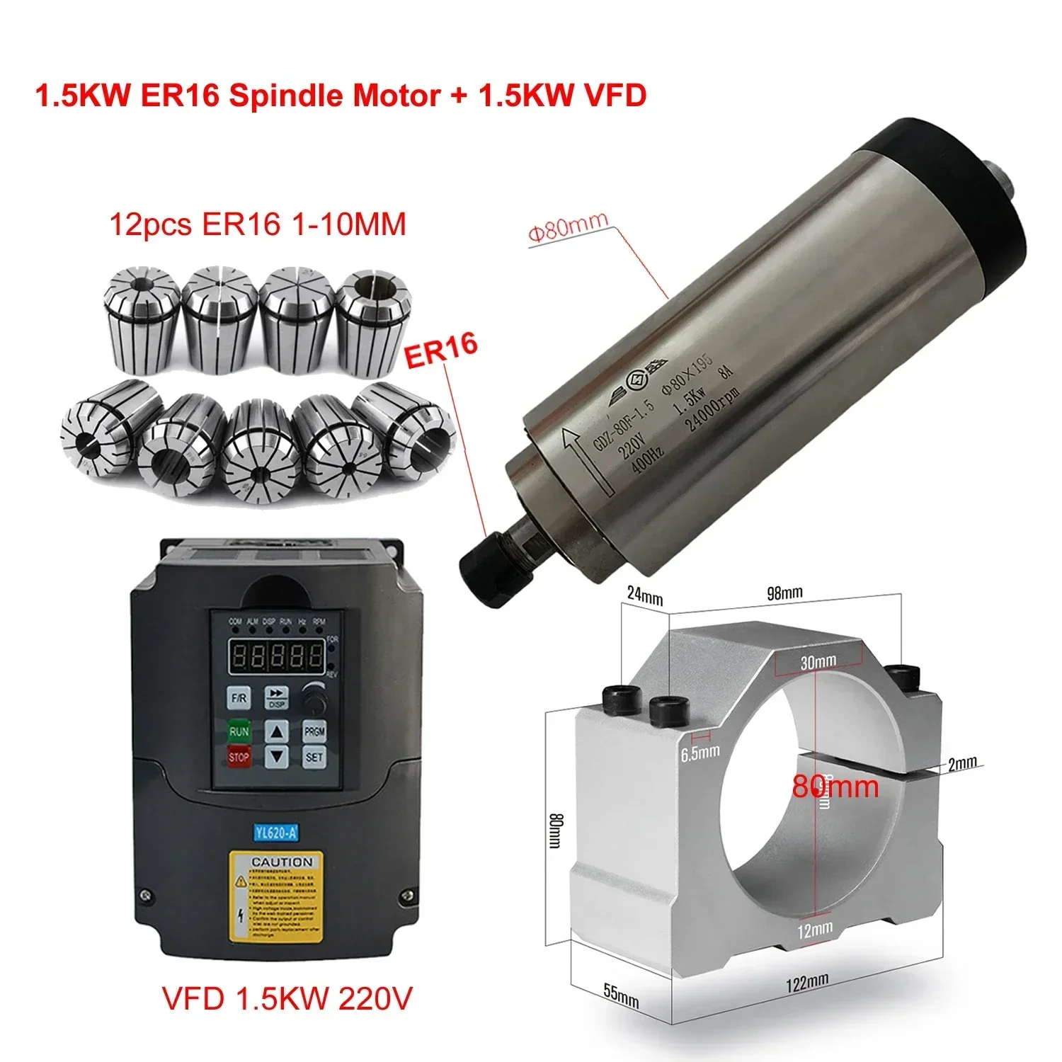 Er20 Collet Chuck Spindle Motor 220V - CNC Luchtgekoelde 800W 1500W 2200W Spindelmotor